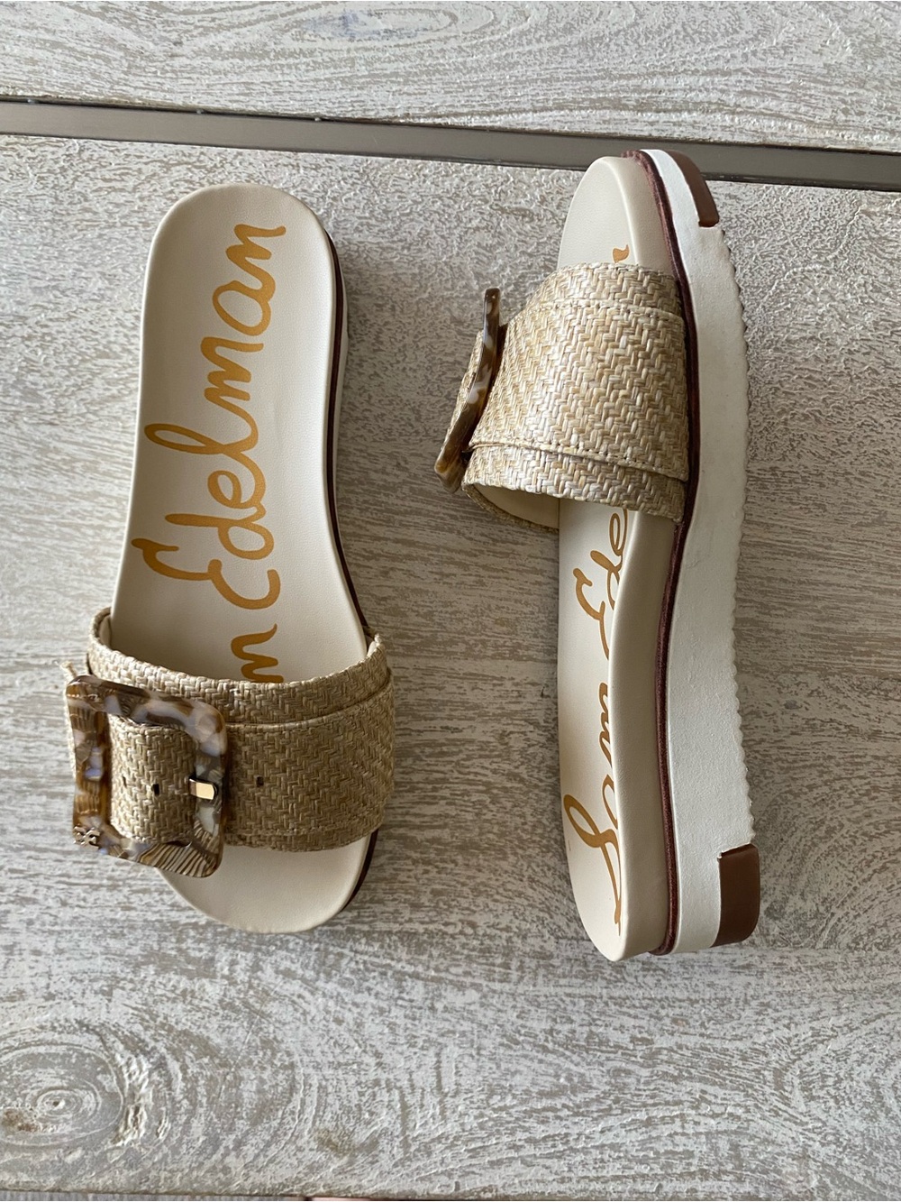 Sam Edelman Natural Woven Slide Sandals with Tortoiseshell Buckle